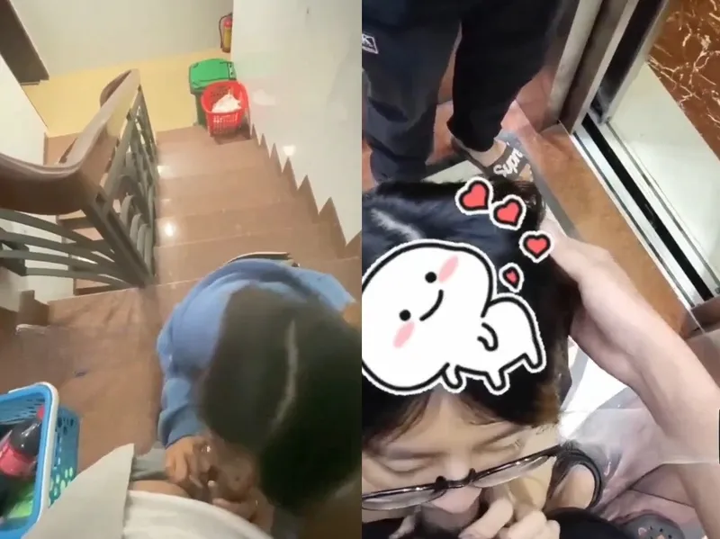 Em đang liếm cậu bé thì thang máy có người vào, vừa hồi hộp vừa nứng